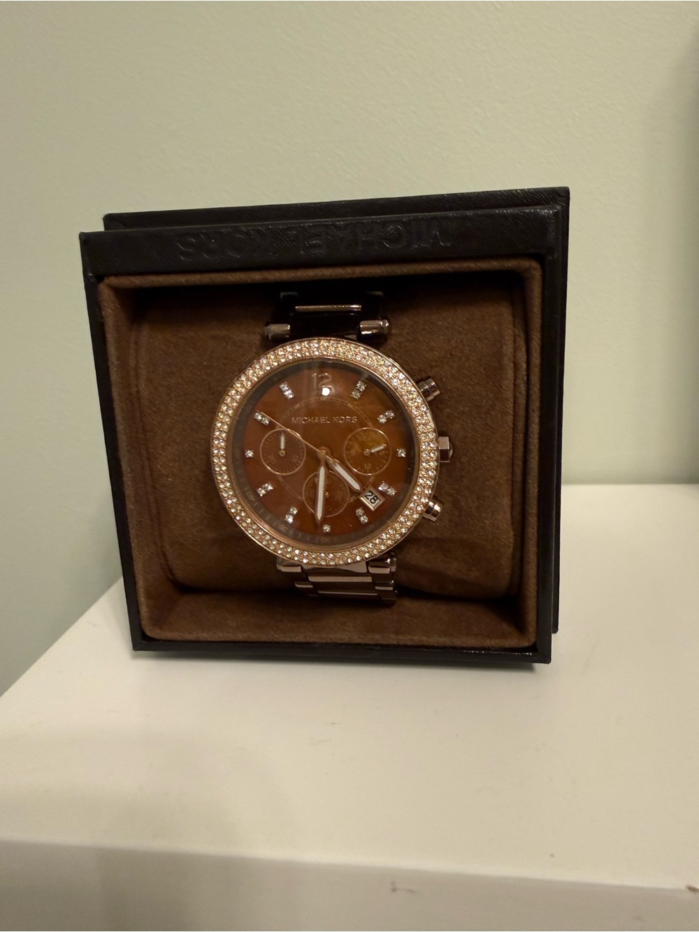 Michael Kors Rose Gold Tone Brown Dial Crystal-Accented Chronograph Watch
